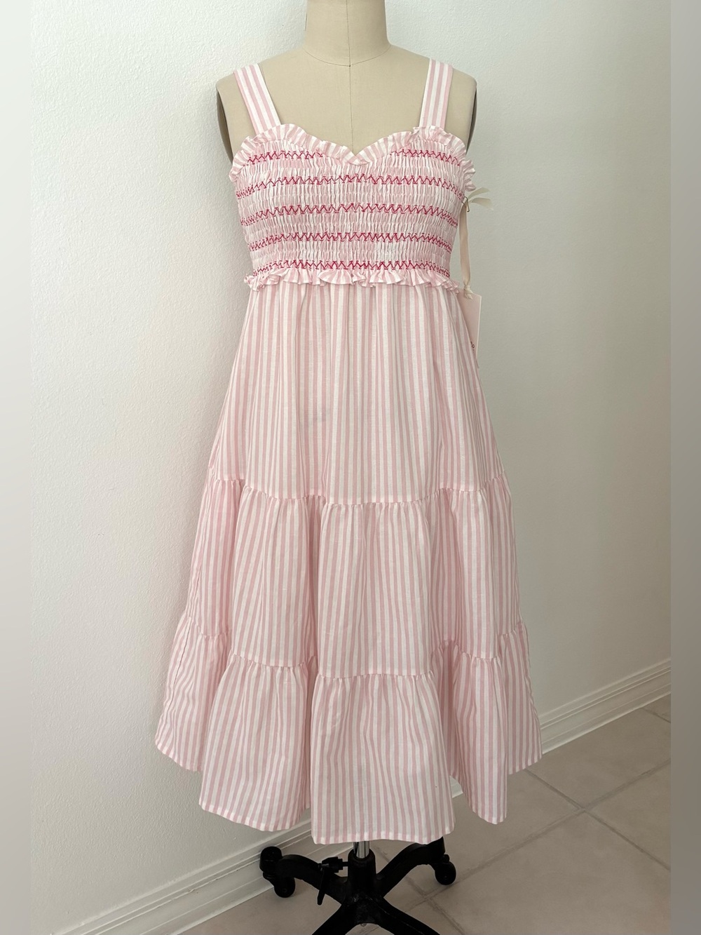 Dondolo Ananas Midi Dress NWT Pink White Stripe Smocked Cottagecore M